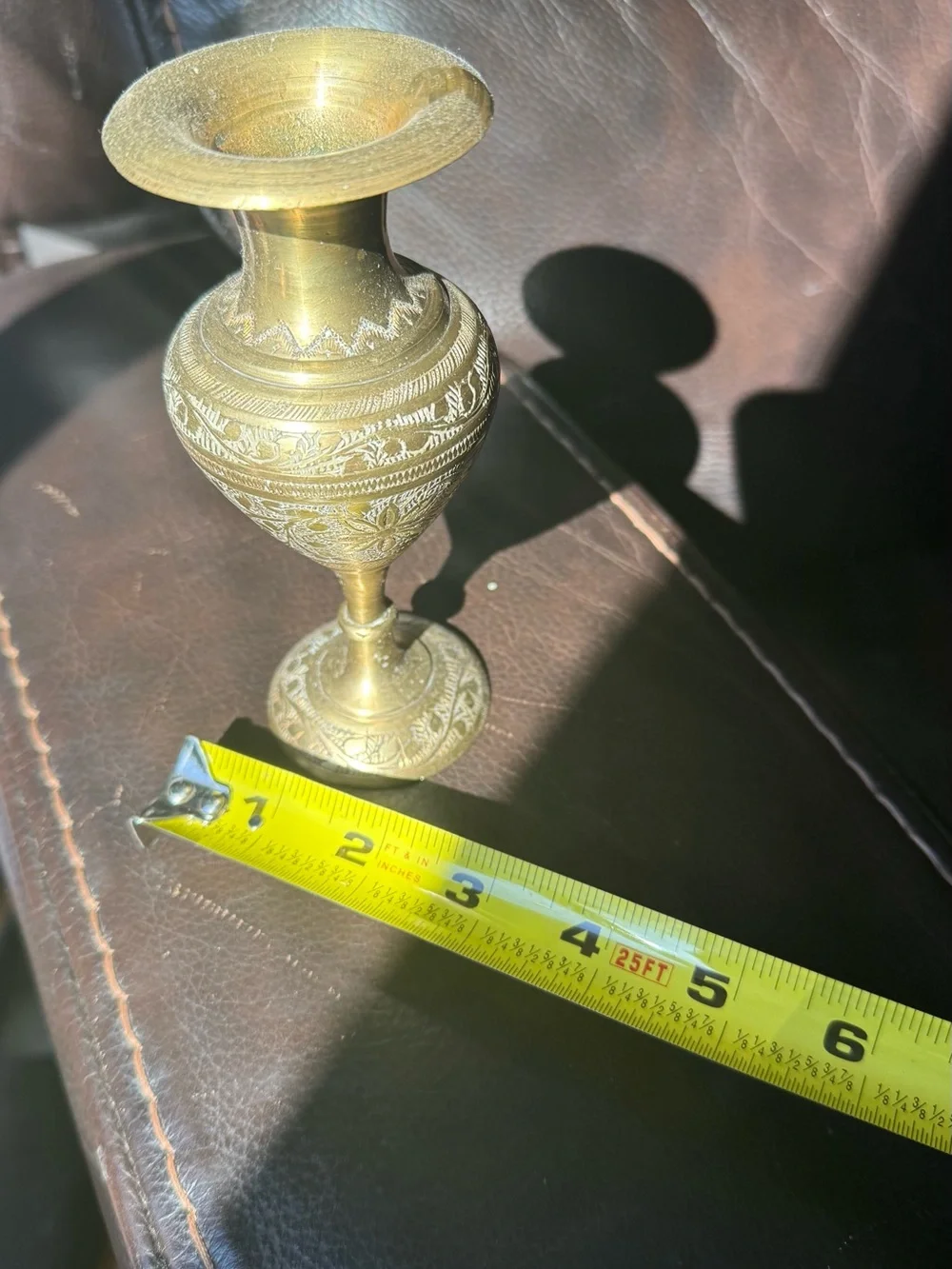 Small Decorative Brass Vase Flowers 6” Tall Vintage